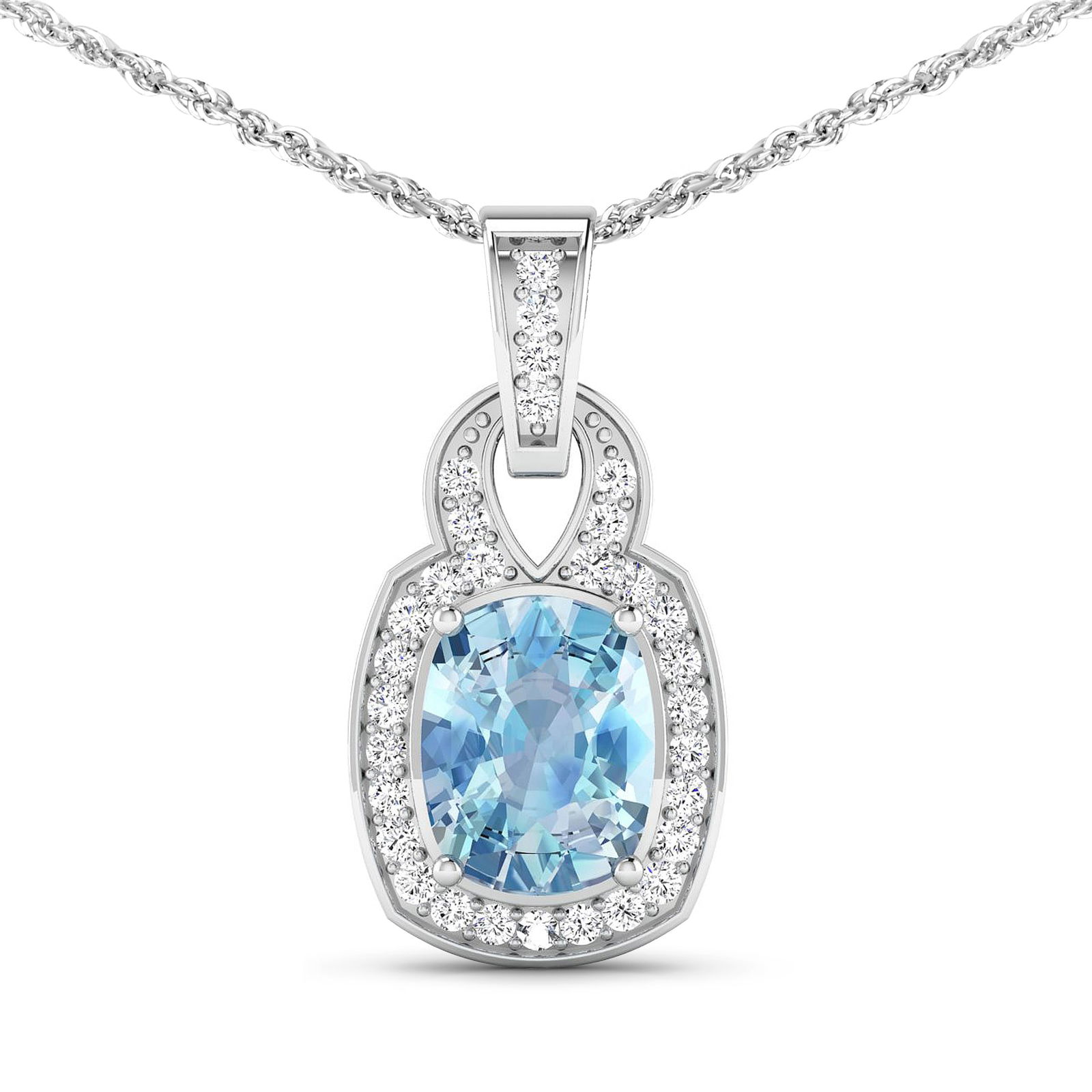14KT White Gold 1.65ctw Aquamarine and Diamond Pendant: Aquamarine (AA+) Cushion 9x7mm - 1Pc + White Diamond F/C Round 1.20mm - 31Pcs ( SI2/HI color ) Total weight of gemstone is 1.65cts. Total Diamond weight is 0.25cts. Total weight of this pendant is 2.0