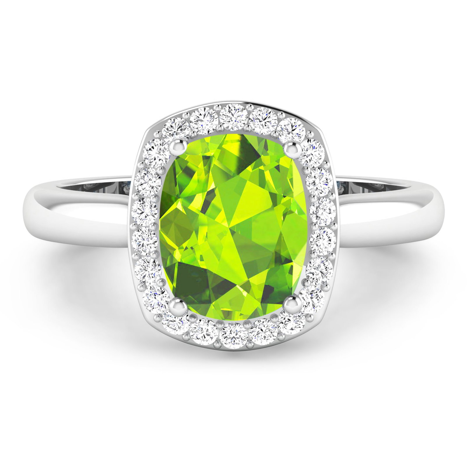 14KT White Gold 2ctw Peridot and Diamond Ring: Peridot Cushion 9x7mm - 1Pc + White Diamond F/C Round 1.30mm - 22Pcs ( SI2/HI color ) Total weight of gemstone is 2cts. Total Diamond weight is 0.22cts. Total weight of this ring is 3.02 grams. Ring s