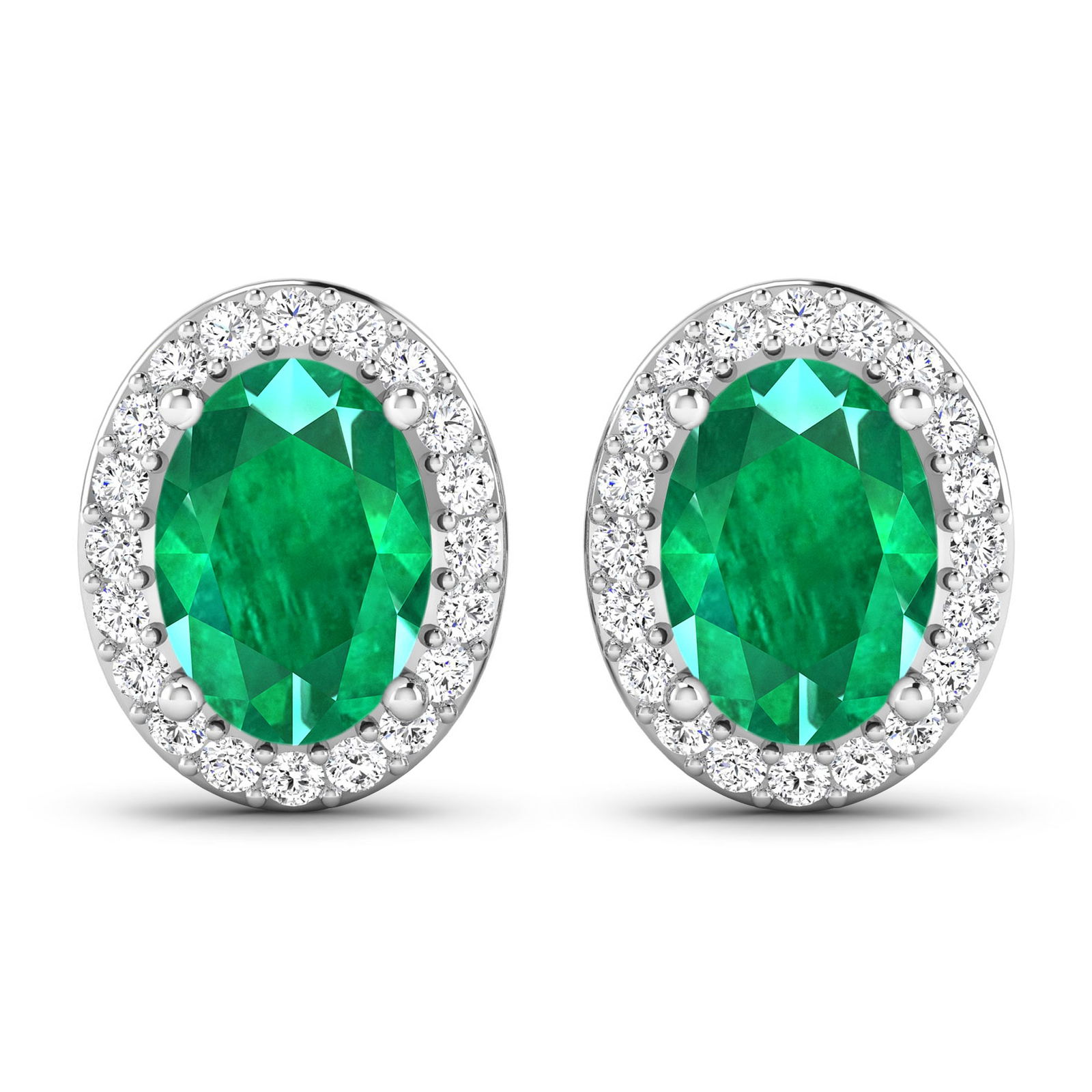 14KT White Gold 1.12ctw Zambian Emerald and Diamond Earrings: Zambian Emerald (AA) Oval 7x5mm - 2Pcs + White Diamond F/C Round 1.10mm - 40Pcs (I1-I2/I color) ( Push Post ) Total weight of gemstones is 1.12cts. Total Diamond weight is 0.26cts. Total weight of the