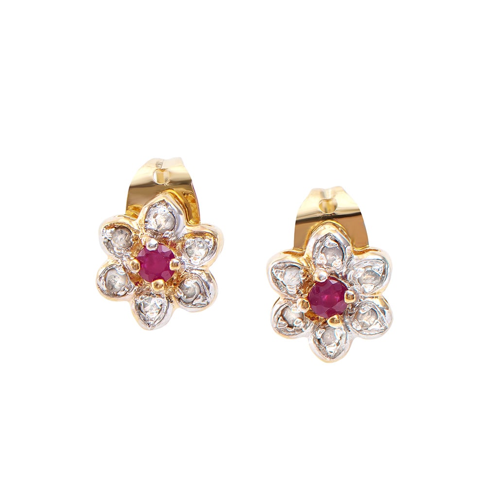 Plated 18KT Yellow Gold 0.20ctw Ruby and Diamond Earrings: One Plated 18KT Yellow Gold 0.20ctw Ruby and Diamond Earrings. (2) Rubies with a total weight of 0.20cts. Diamonds with a total weight of 0.12cts with a color of I-J and with a clarity of I3. 1.05 gra