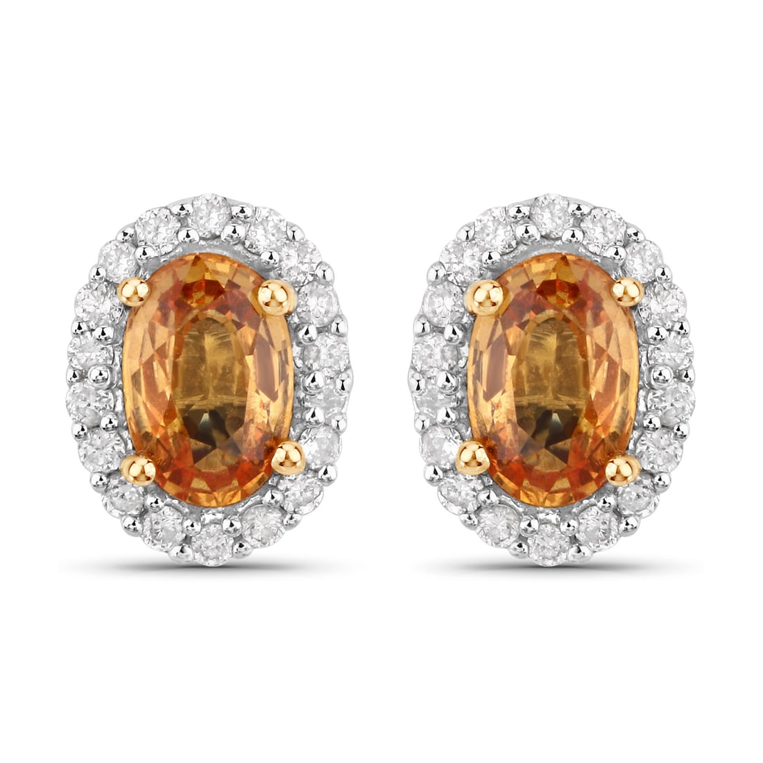 14KT Yellow Gold 1.66ctw Orange Sapphire and White Diamond Earrings: Orange Sapphire Oval/6x4mm - 2/1.50 ctw Prong Setting Natural Heat Treated E + White Diamond Round/1.00mm - 36/0.16 ctw Natural Not Treated N H-I I1 Total weight of 1.66 grams.