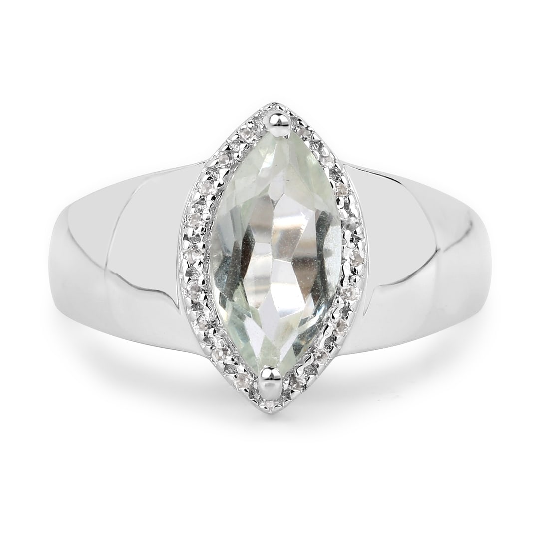 Plated Rhodium 1.55ct Green Amethyst and White Topaz Ring: 1.55 Carat Genuine Green Amethyst and White Topaz .925 Sterling Silver Ring. Green Amethyst Marquise/12x6mm - 1/1.55 ctw Prong Setting Natural Heat Treated E + White Topaz Round/1.00mm - 18/0.09 ctw N