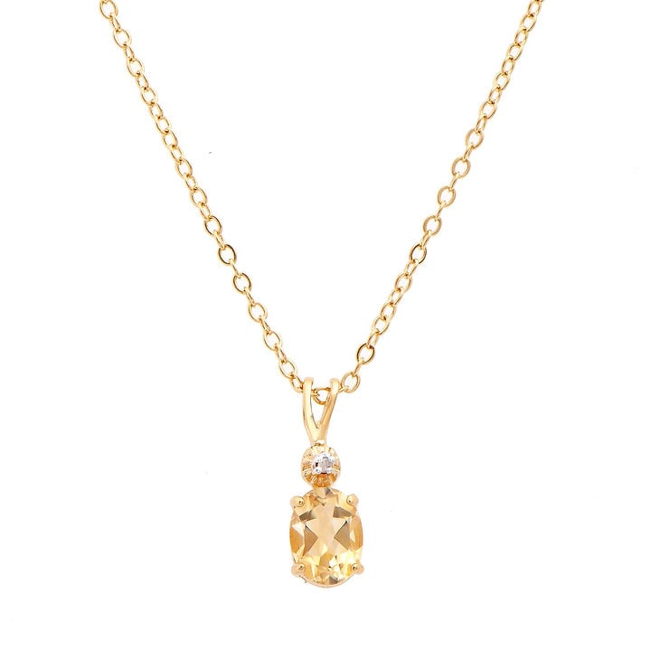 Plated 18KT Yellow Gold 1.03ctw Citrine and Diamond Pendant with Chain: One Plated 18KT Yellow Gold 1.03ctw Citrine and Diamond Pendant with Chain. (1) Citrine stone with a total weight of 1.03cts. (1) diamond with a total of 0.01cts with a color of H-I and clarity of I-3