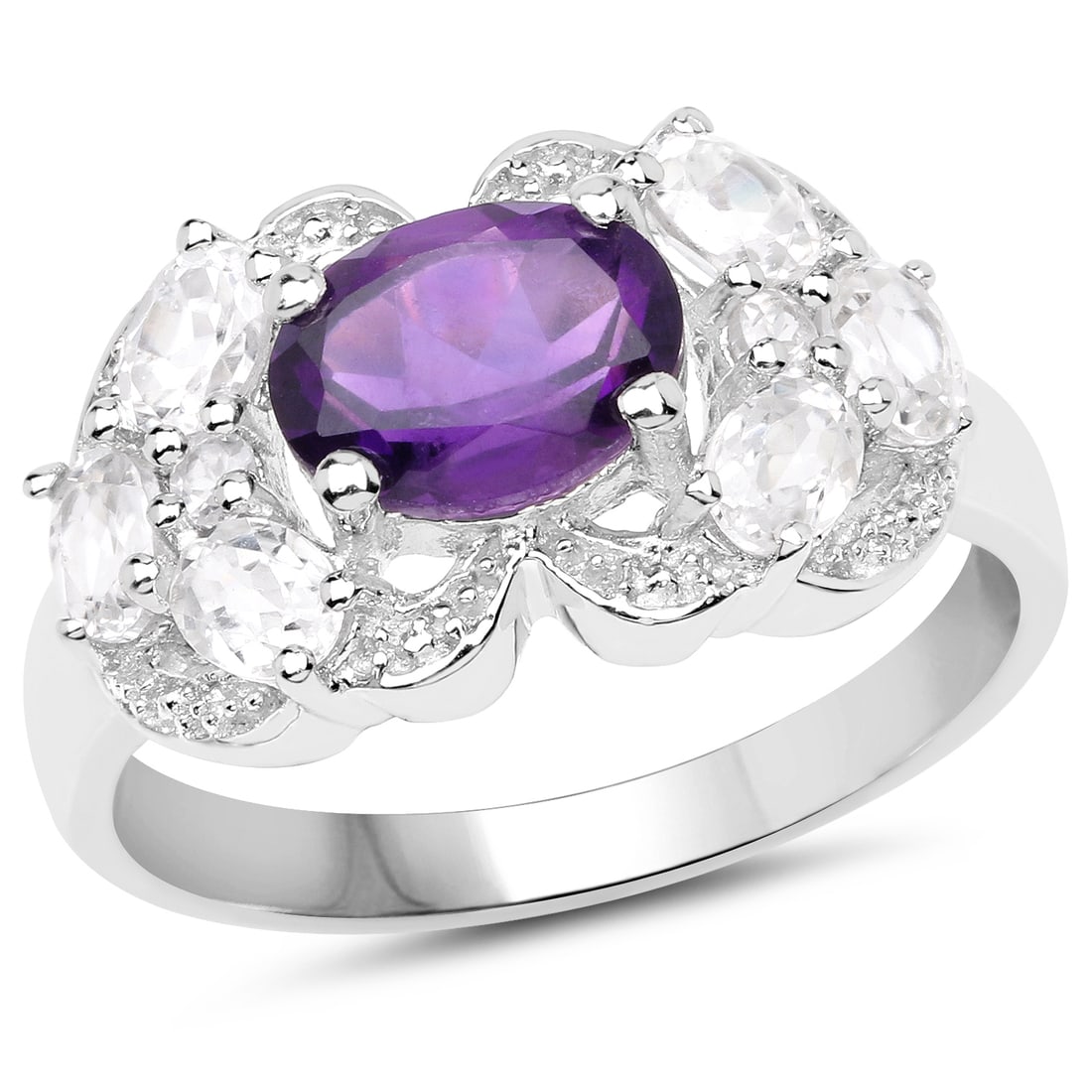 Plated Rhodium 1.15ct Amethyst and White Zircon Ring: 2.75 Carat Genuine Amethyst and White Zircon.925 Sterling Silver Ring. Amethyst Oval/8x6mm - 1/1.15 ctw Natural Not Treated E + White Zircon Oval/4x3mm - 6/1.50 ctw Synthetic Heat Treated CR + White Z