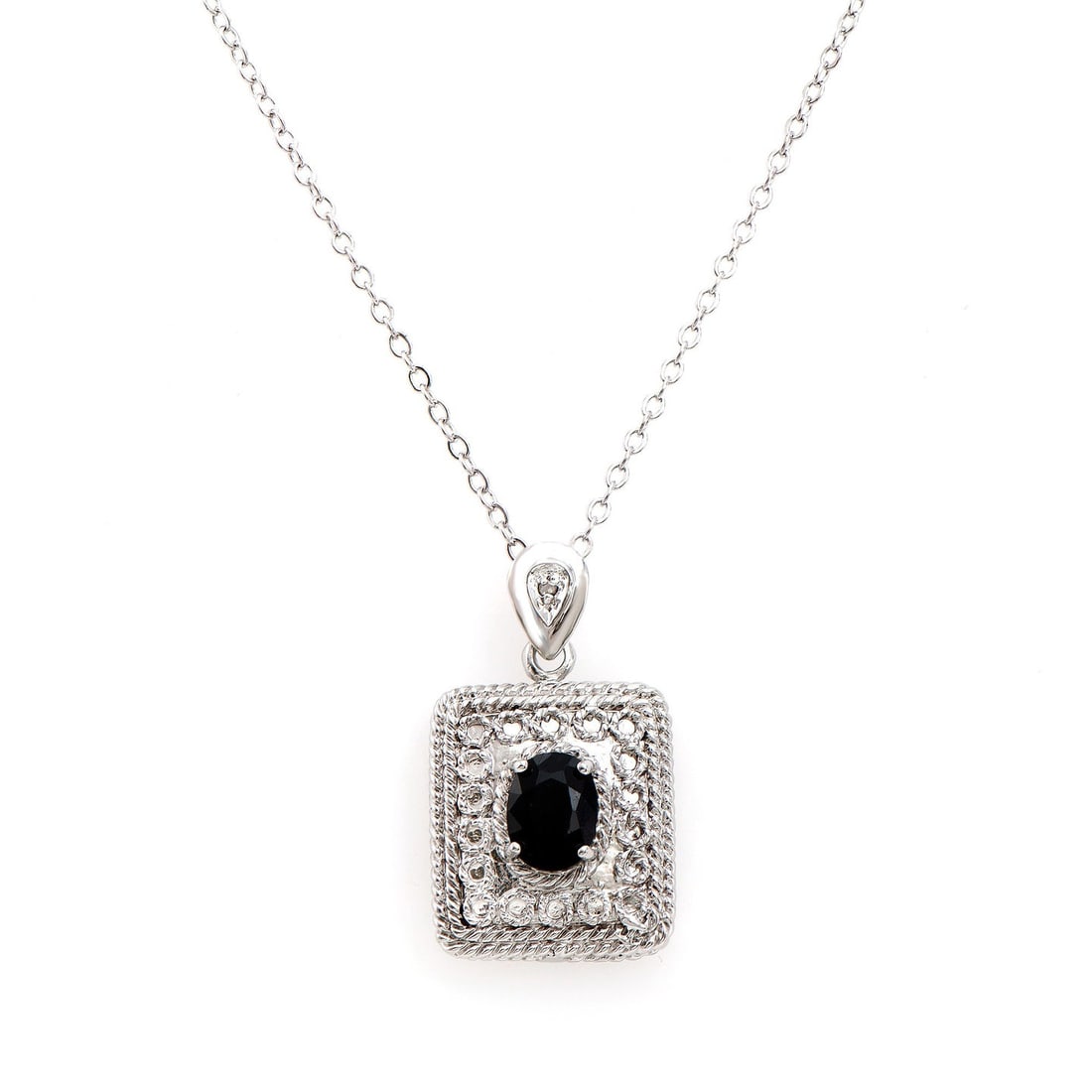 Plated Rhodium 1.53ct Black Sapphire and Diamond Pendant with Chain: One Plated Rhodium 1.53ct Black Sapphire and Diamond Pendant with Chain. (1) Black Sapphire with a total weight of 1.53cts. (1) diamond with a total of 0.01cts with a color of H-I and clarity of I-3. 