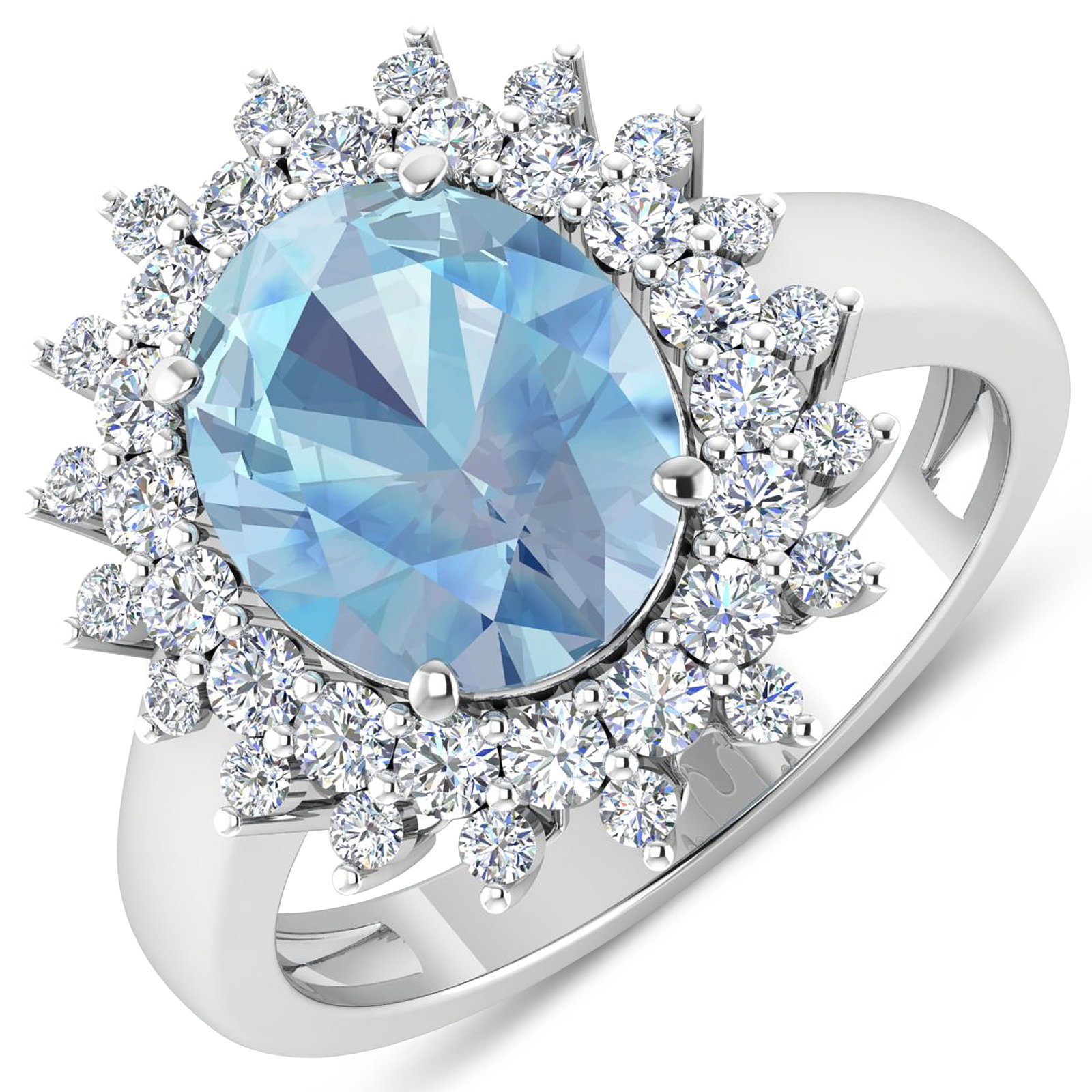 14KT White Gold 2.90ct Aquamarine and Diamond Ring: Aquamarine (AA+) Oval 11x9mm - 1Pc + White Diamond F/C Round 2.00mm - 18Pcs + White Diamond F/C Round 1.50mm - 18Pcs ( Diamond Quality : SI-2/HI ). Total weight of gemstone is 2.9cts. Total weight of 