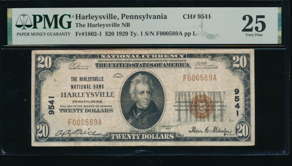 1929 $20 Harley PA National PMG 25: One 1929 $20 Harley PA National PMG 25.