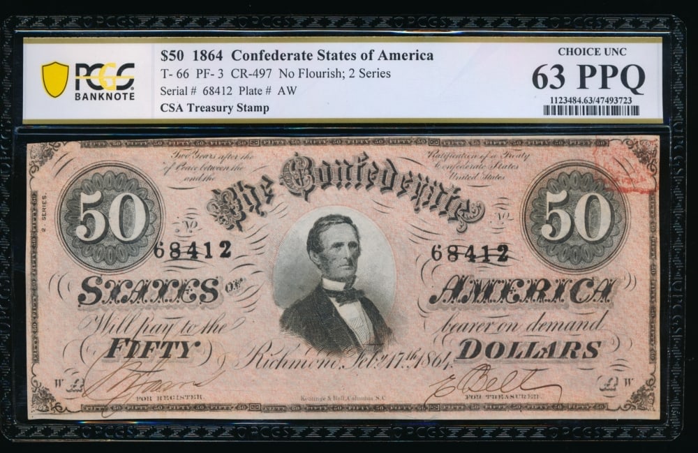 1864 $50 T-66 Confederate PCGS 63PPQ: One 1864 $50 T-66 Confederate PCGS 63PPQ.
