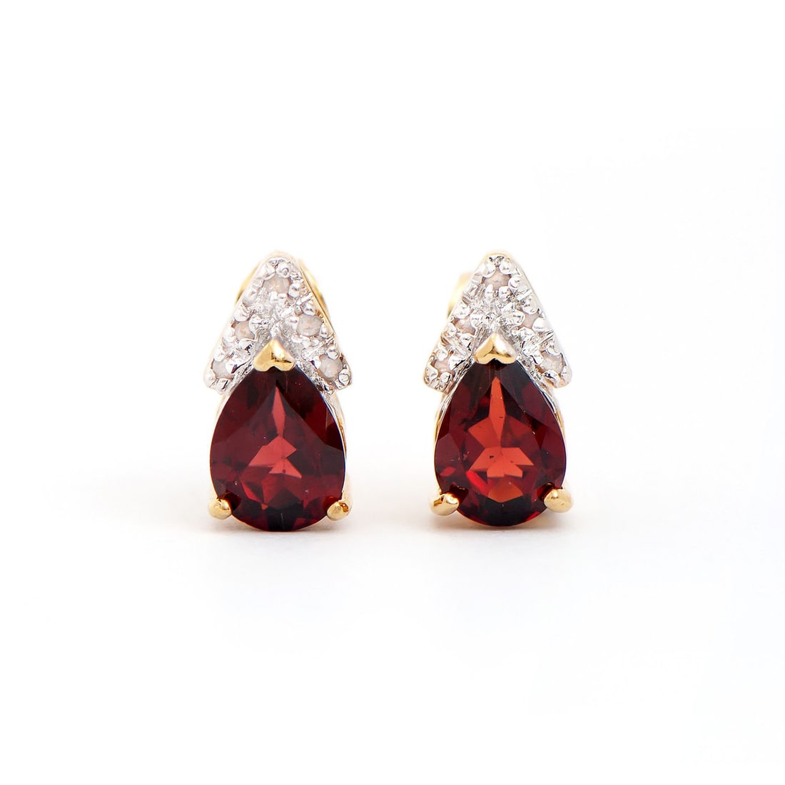 Plated 18KT Yellow Gold 2.12cts Garnet and Diamond Earrings: One pair of Plated 18KT Yellow Gold 2.12cts Garnet and Diamond. Earrings. (2) Brown Garnet stones with a total weight of 2.04cts. (10) diamonds with a total of 0.08cts with a color of H-I and clarity 