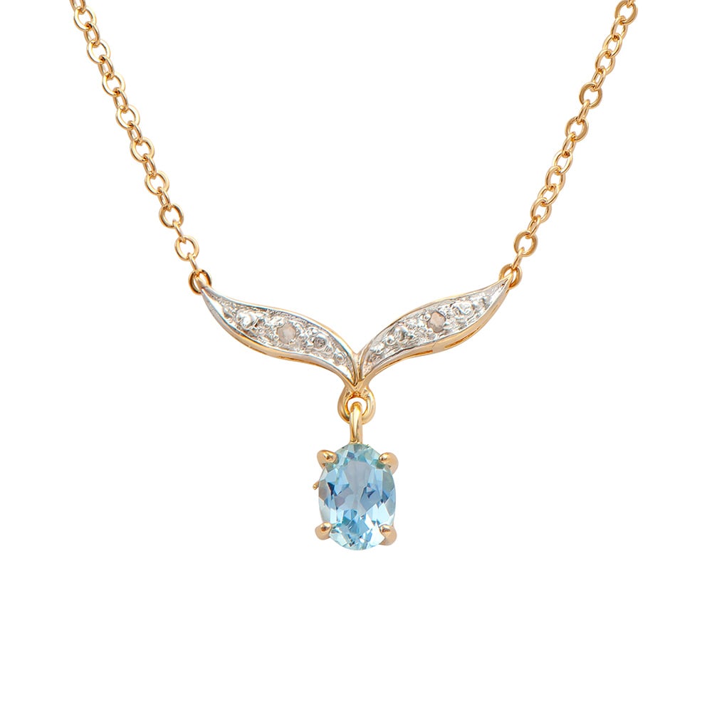 Plated 18KT Yellow Gold 2.65ct Blue Topaz and Diamond Pendant with Chain: One Plated 18KT Yellow Gold 2.65ct Blue Topaz and Diamond Pendant with Chain. (1) Blue Topaz measuring 7x5mm. Diamonds with a total weight of 0.02cts. Total weight of this pendant with chain is 2.51 g