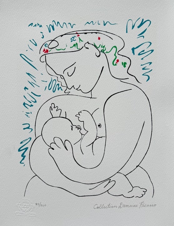 Picasso MATERNITY Estate Signed Limited Edition Giclee: This is a PABLO PICASSO (ESTATE COLLECTION DOMAINE) (1881-1973) giclee titled Maternity. This piece is pencil signed on the lower right as Collection Domaine Picasso’ and has an embossed seal stampe