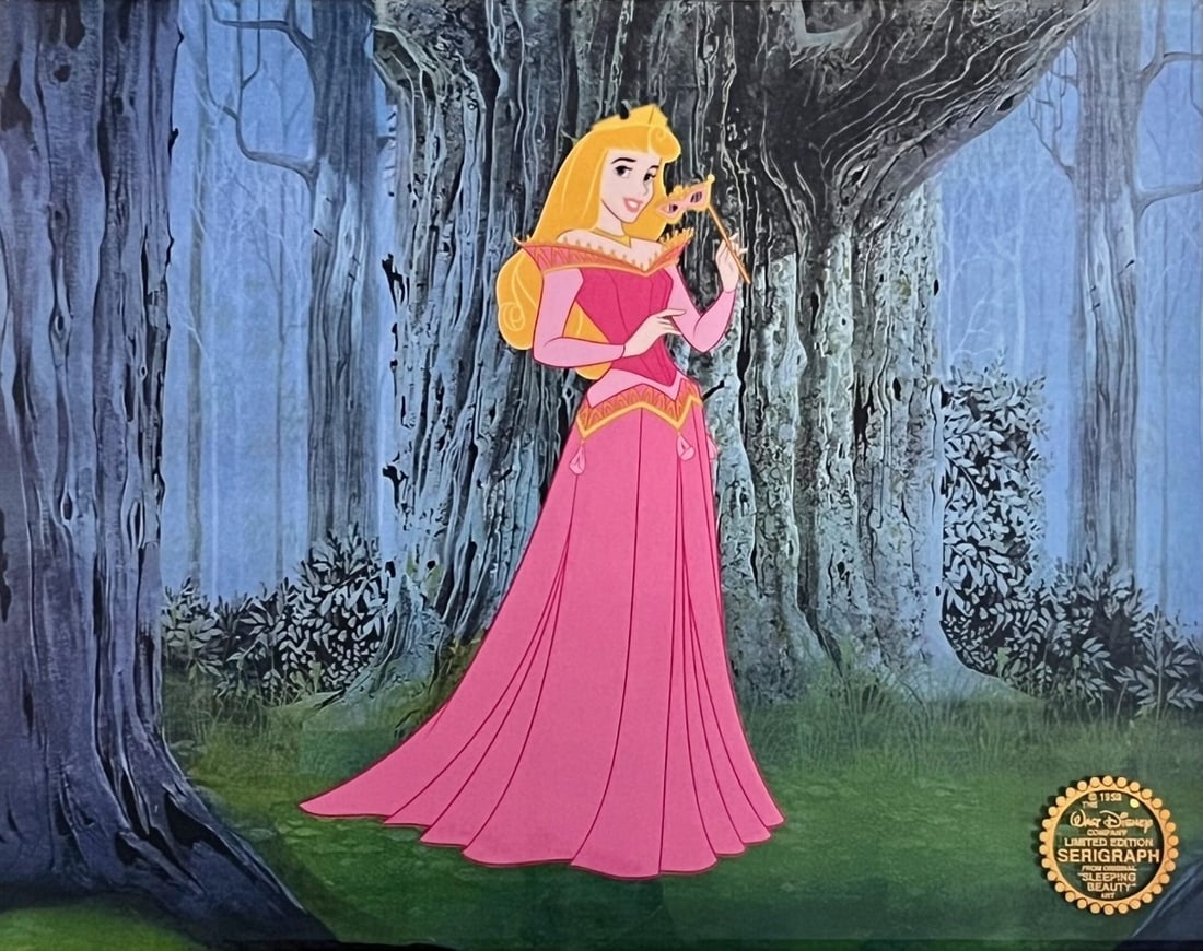 Disney Sleeping Beauty Aurora Sericel Animation Art Serigraph Cel: This is a Disney Limited Edition Serigraph Cel of Aurora from the WALT DISNEY 1959 Classic Animation Sleeping Beauty. Disney’s own artists have selected this scene from the original animation drawin