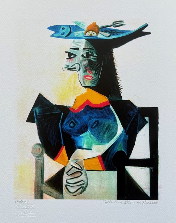 Picasso LADY WITH FORK & LEMON HAT Estate Signed Limited Edition Giclee: This is a PABLO PICASSO (ESTATE COLLECTION DOMAINE) (1881-1973) small giclee titled LADY WITH FORK AND LEMON HAT. This piece is pencil signed on the lower right as ‘Collection Domaine Picasso’ and