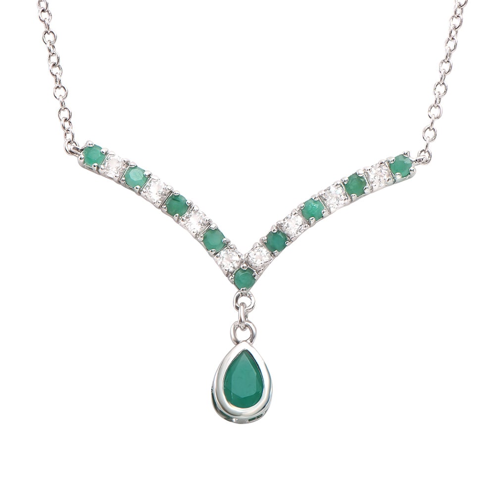Plated Rhodium 2.20ctw Emerald and White Topaz Pendant with Chain: One Plated Rhodium 2.20ctw Emerald and White Topaz Pendant with Chain. (1) Pear shaped Emerald with a total weight of 1.40cts. (9) Emeralds with a total weight of 0.80cts. (8) White Topaz stones with