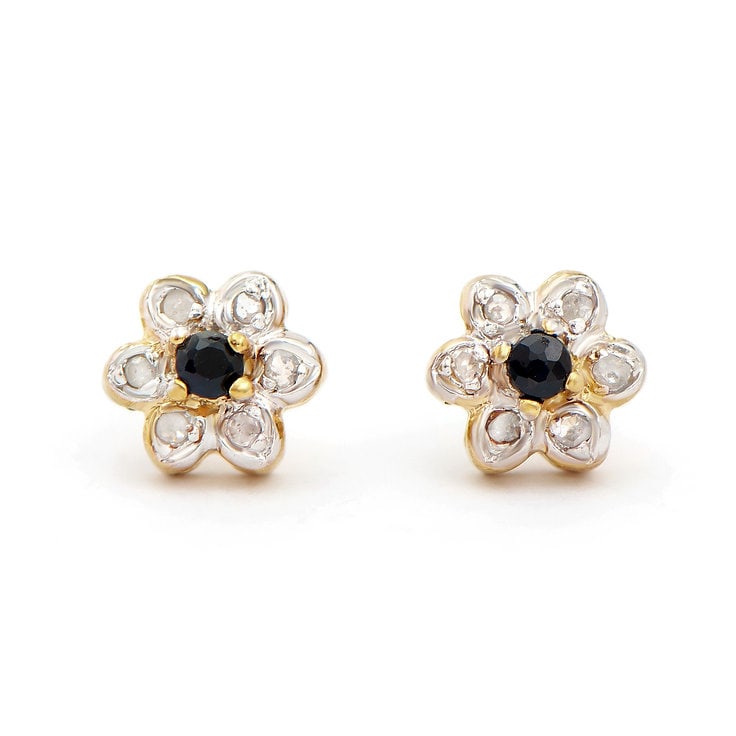 Plated 18KT Yellow Gold 0.32cts Sapphires and Diamond Earrings: One pair of Plated 18KT Yellow Gold 0.32cts Sapphires and Diamonds Earrings. (2) Black Sapphire stones with a total weight of 0.22cts. (12) diamonds with a total of 0.1cts with a color of H-I and clar