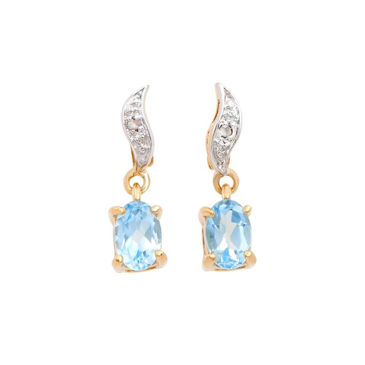 Plated 18KT Yellow Gold 1.12ctw Blue Topaz and Diamond Earrings: One pair of Plated 18KT Yellow Gold 1.12ctw Blue Topaz and Diamond Earrings. (2) Blue Topaz stones with a total weight of 1.12cts. (2) diamond with a total of 0.02cts with a color of H-I and clarity o