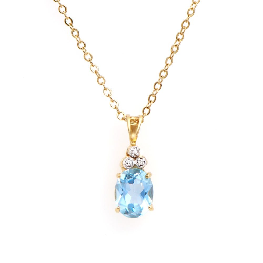 Plated 18KT Yellow Gold 4.35ctw Blue Topaz and Diamond Pendant with Chain: One Plated 18KT Yellow Gold 4.35ctw Blue Topaz and Diamond Pendant with Chain. (1) Blue Topaz stone with a total weight of 4.35cts. Diamonds with a total weight of 0.03cts with a color of I-J and clar