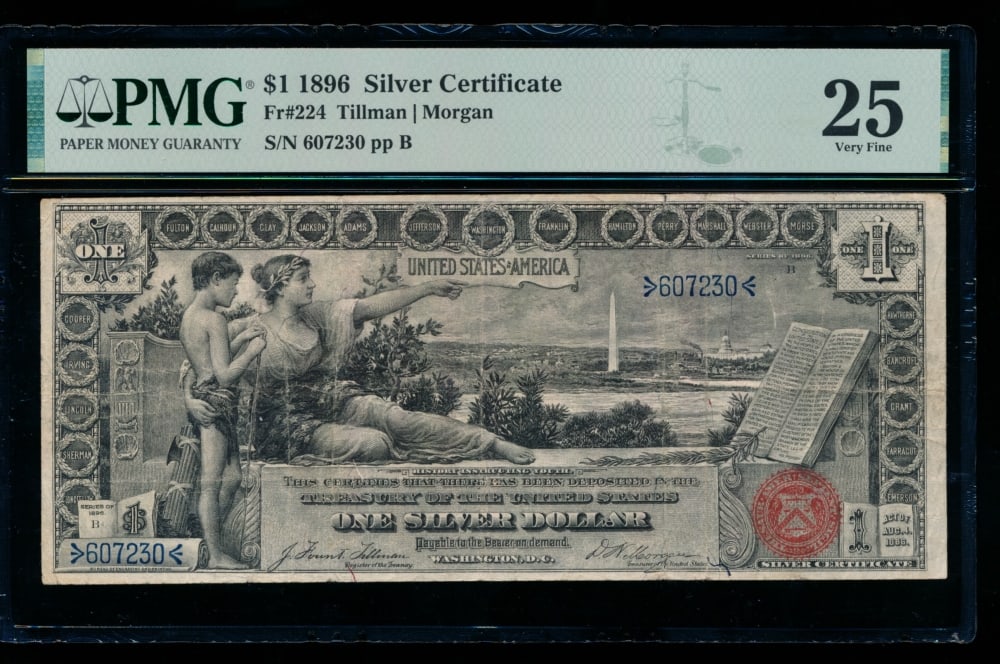1896 $1 Educational Silver Certificate PMG 25: One 1896 $1 Educational Silver Certificate PMG 25.