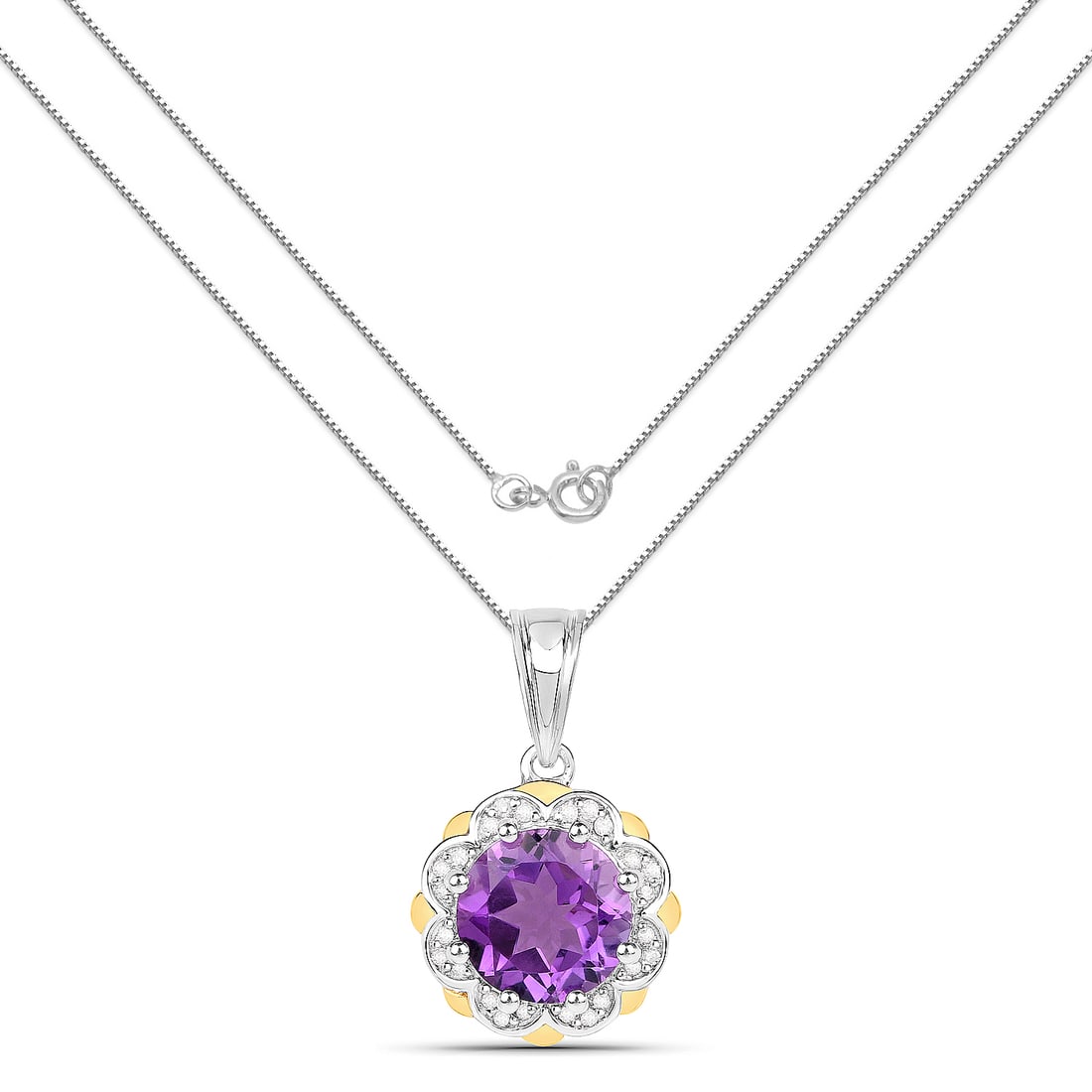 Plated Rhodium 1.80ct Amethyst and Diamond Pendant with Chain: 1.87 Carat Genuine Amethyst and White Diamond 14K Yellow Gold with .925 Sterling Silver Pendant. Amethyst Round/8.00mm - 1/1.80 ctw Prong Setting Natural Not Treated E + White Diamond Round/0.80mm - 2