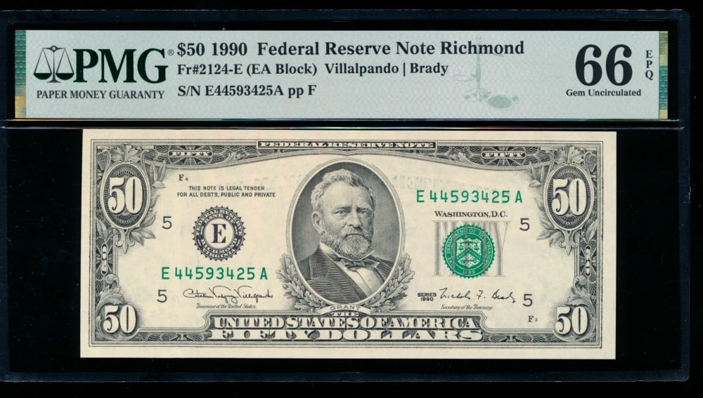 1990 $50 Richmond FRN PMG 66EPQ: One 1990 $50 Richmond FRN PMG 66EPQ.