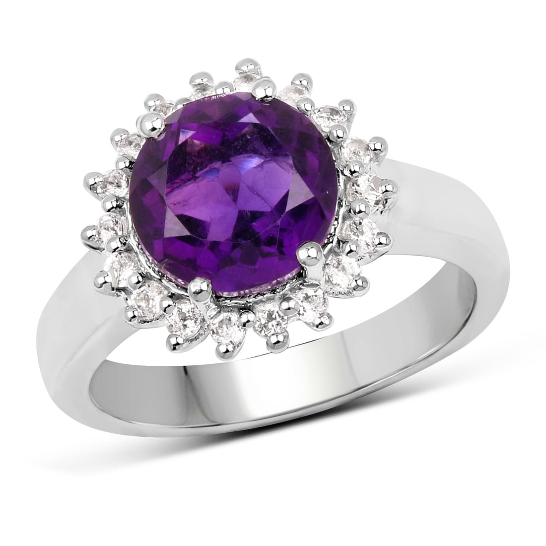 Plated Rhodium 2.40ct Amethyst and White Topaz Ring: 2.40 Carat Genuine Amethyst and White Topaz .925 Sterling Silver Ring. Amethyst Round/9.00mm - 1/2.40 ctw Natural Not Treated E + White Topaz Round/1.50mm - 18/0.40 ctw Natural Heat Treated C. Total w