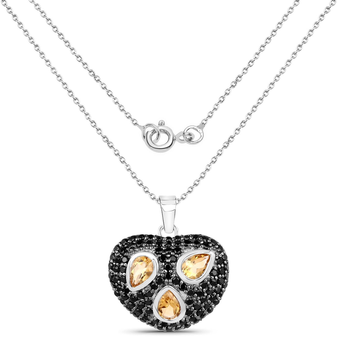 Plated Rhodium 1.11ctw Citrine and Black Spinal Pendant with Chain: 3.19 Carat Genuine Citrine and Black Spinel .925 Sterling Silver Pendant. Citrine Pear/6x4mm - 3/1.11 ctw Prong Setting Natural Heat Treated N + Black Spinel Round/1.50mm - 104/2.08 ctw Natural Not Tr