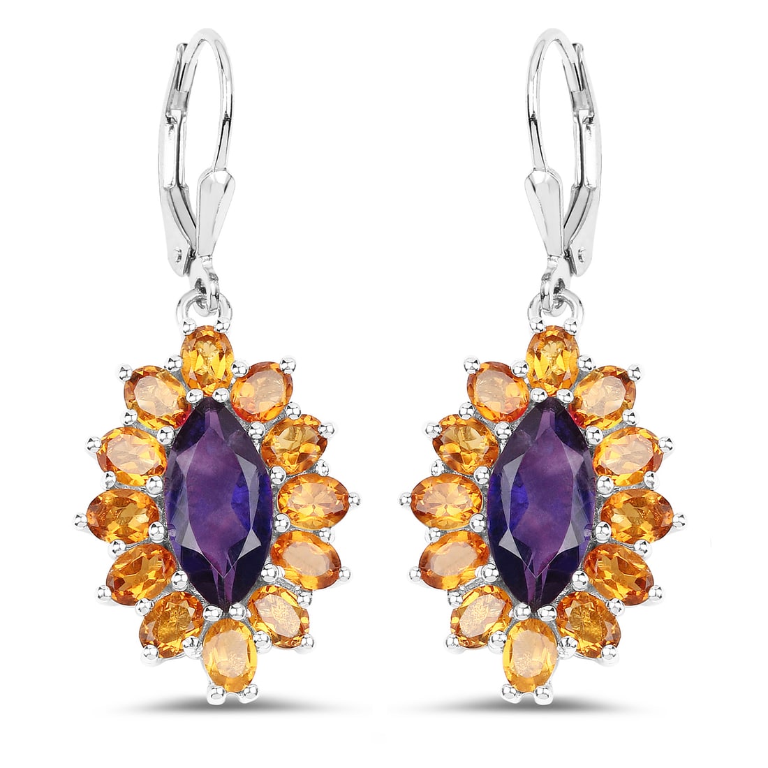 Plated Rhodium 6.54ctw Amethyst and Citrine Earrings: 6.54 Carat Genuine Amethyst & Madeira Citrine.925 Sterling Silver Earrings. Amethyst Marquise/12x6mm - 2/2.70 ctw Natural Not Treated E + Citrine Oval/4x3mm - 24/3.84 ctw Natural Heat Treated N. Total