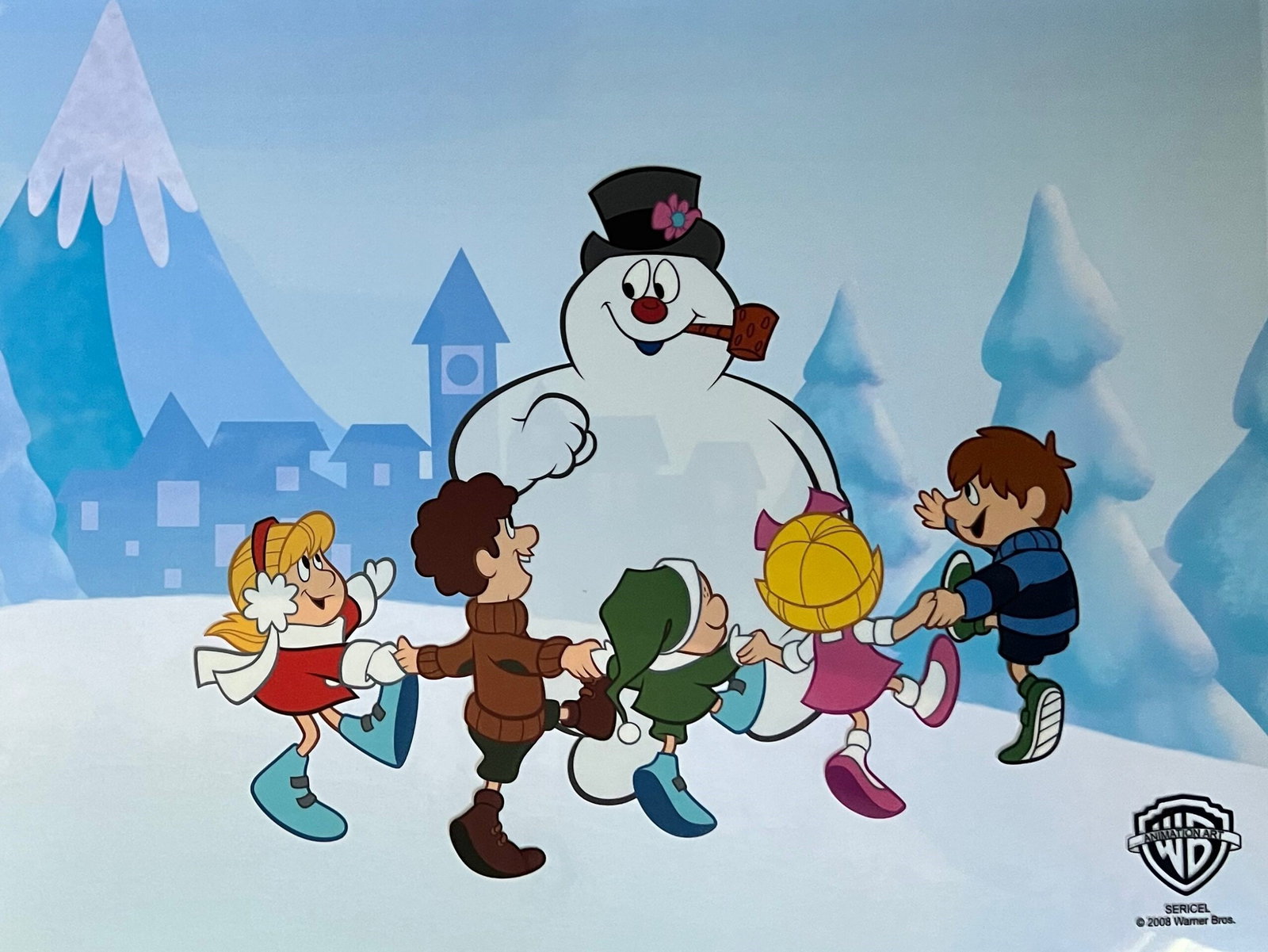 Frosty The Snowman Dancing Limited Edition Sericel Animation Art Cel: This is a Limited Edition Sericel from Warner Bros of Frosty the Snowman. This fantastic animation features Frosty as he appeared in the televised classic animation. This Cel measures 11 inches x 14 i