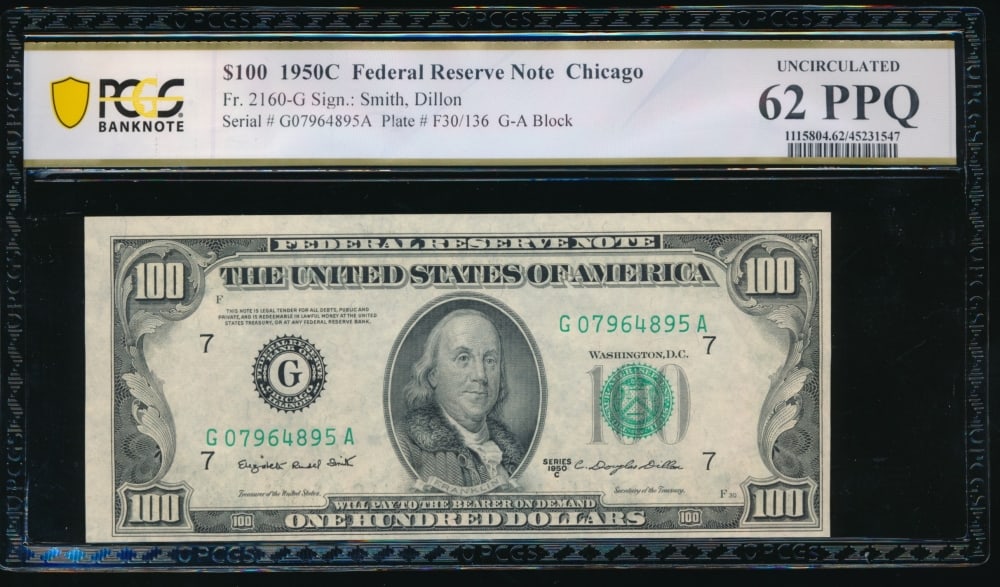 1950C $100 Chicago FRN PCGS 62PPQ: One 1950C $100 Chicago FRN PCGS 62PPQ.