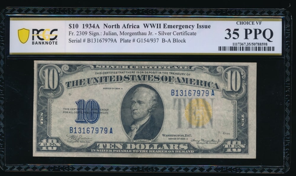1934A $10 N Africa Silver Certificate PCGS 35PPQ: One 1934A $10 N Africa Silver Certificate PCGS 35PPQ.