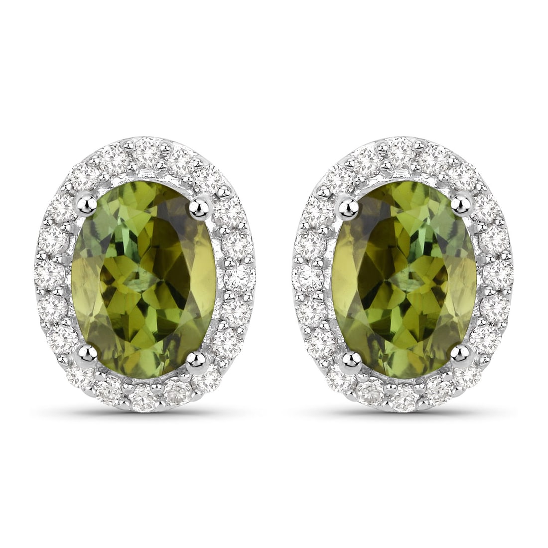 14KT White Gold 1.92ctw Green Tourmaline and White Diamond Earrings: Green Tourmaline Oval/7x5mm - 2/1.66 ctw Prong Setting Natural Irradiated N + White Diamond Round/1.10mm - 40/0.26 ctw Natural Not Treated N H-I I1 Total weight of 2.05 grams.