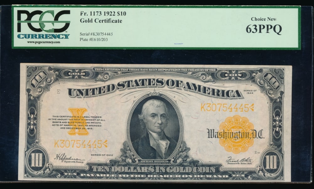 1922 $10 Gold Certificate PCGS 63PPQ: One 1922 $10 Gold Certificate PCGS 63PPQ.