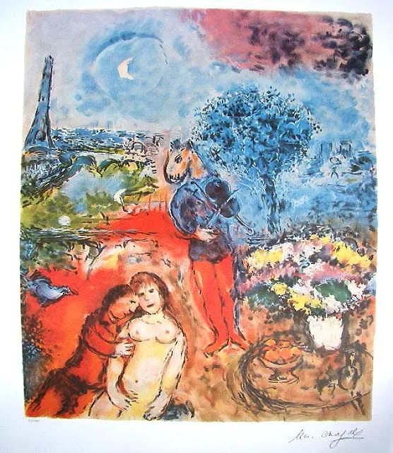 Eiffel Tower Serenade Lithograph: Eiffel Tower Serenade Lithograph by Marc Chagall on archival paper. Size 28.5 inches x 20.5 inches. Comes with certificate of authenticity. Item comes unframed.