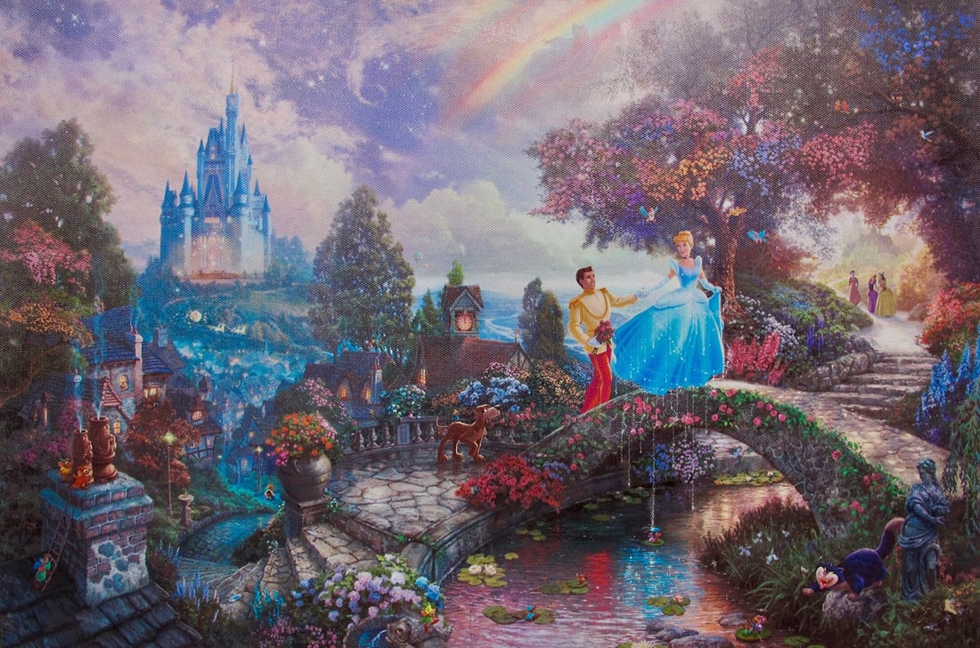 THOMAS KINKADE Cinderella and the Prince Giclee on Canvas: This is a reproduction giclee on canvas by Thomas Kinkade titled “Cinderella and the Prince” Measures: 12? x 18?. Beautiful rich colors! Comes unframed, un-stretched. Excellent condition!