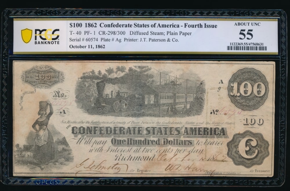 1862 $100 T-40 Confederate PCGS 55: One 1862 $100 T-40 Confederate PCGS 55.