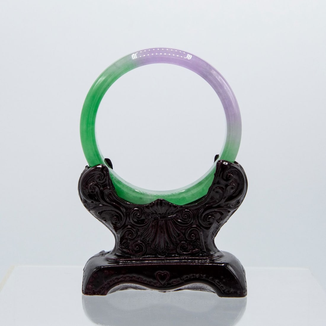 Chinese Fine Natural Lavender Green Jadeite Bangle: Amazing Chinese Fine Natural Lavender Green Jadeite Bangle. Translucent light lavender apple green tone. Outer Diameter approx.: 74 mm. Inner Diameter approx. 59.6 mm. Approx. 54.84 grams. Includes Ch