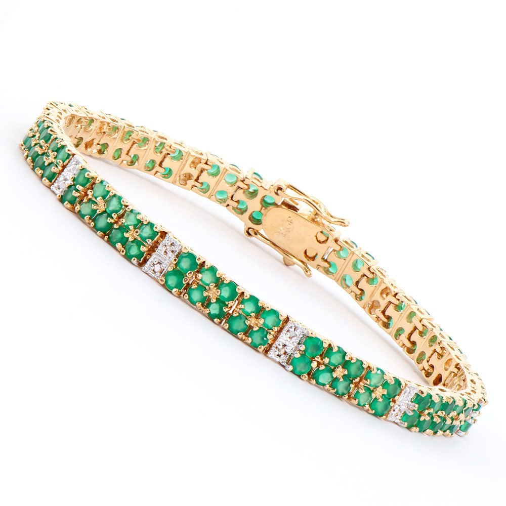 Plated 18KT Yellow Gold 7.00ctw Green Agate and Diamond Bracelet: One Plated 18KT Yellow Gold 7.00ctw Green Agate and Diamond Bracelet. (108) Green Agate stones with a total weight of 7.00cts. (4) Diamonds with a total weight of 0.03cts with a color of I-J and clari
