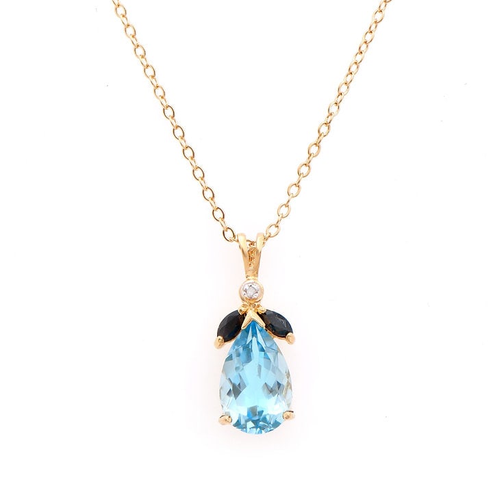 Plated 18KT Yellow Gold 5.45ctw Blue Topaz and Black Sapphire Pendant with Chain: One Plated 18KT Yellow Gold 5.45ctw Blue Topaz and Black Sapphire Pendant with Chain. (1) Blue Topaz stone with a total weight of 5.05cts. (2) Black Sapphire stones with a total weight of 0.40cts. Tot