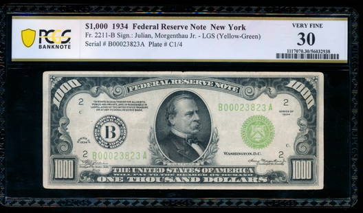 1934 $1000 New York FRN PCGS 30: One 1934 $1000 New York FRN PCGS 30.
