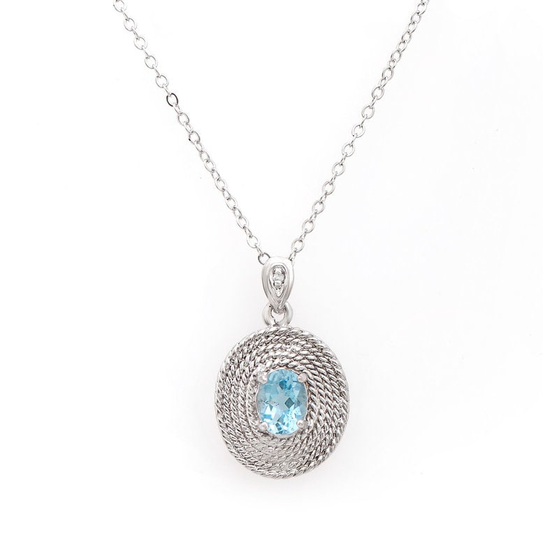 Plated Rhodium 1.32ctw Blue Topaz and Diamond Pendant with Chain: One Plated Rhodium 1.32ctw Blue Topaz and Diamond Pendant with Chain. (1) Blue Topaz stone with a total weight of 1.32cts. (1) diamond with a total of 0.01cts with a color of H-I and clarity of I-3. T