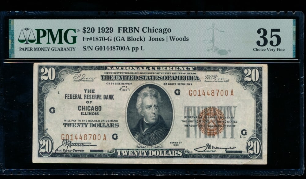 1929 $20 Chicago FRBN PMG 35: One 1929 $20 Chicago FRBN PMG 35.
