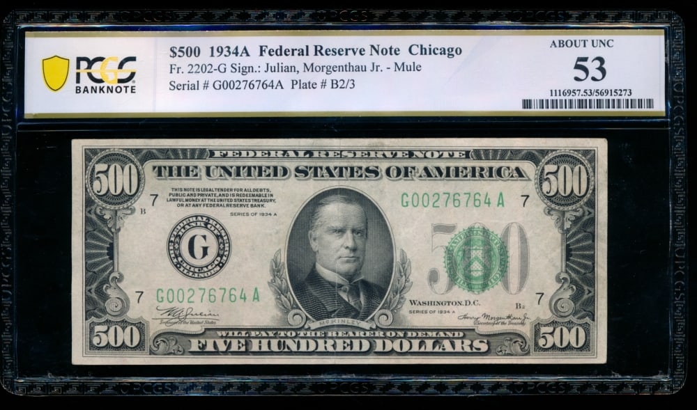 1934A $500 Chicago FRN PCGS 53: One 1934A $500 Chicago FRN PCGS 53.