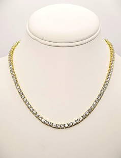 14 Kt Yellow Gold Plated 18.5 Cttw Lab Simulated Diamond Tennis Necklace: Sparkling 14 Kt White Gold Plated 18.5 Ctw Lab Simulated Diamond Tennis Necklace. These 102 Individual Lab Simulated Diamonds are VVs1 Clarity and F-G in color. They are Brilliant Round Cuts Measuring
