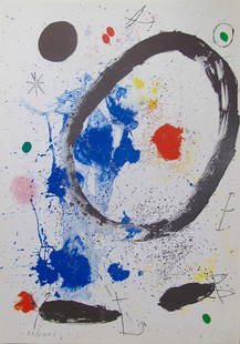 Joan Miro TWILIGHT’S RING Facsimile Signed Limited Edition Lithograph: This is a Joan Miro limited edition lithograph titled “Twilight’s Ring&rdquo; (year of original, 1964). This piece is facsimile signed and pencil numbered from a limited edition of 500. Paper meas