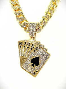 Dazzling 18 Kt Gold Plate Royal Flush Pendant Necklace: Huge 163.7 Gram 18 Kt Simulated Diamond Gold Plated Royal Flush Pendant Necklace. This Magnificent Pendant Steals The Show and measures 20 inches long and is a thick 14 mm wide Secured with a Double S
