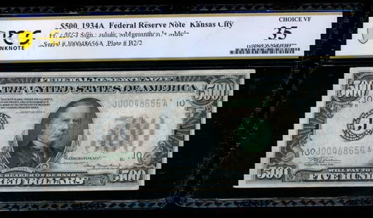 1934A $500 Kansas City FRN PCGS 35: One 1934A $500 Kansas City FRN PCGS 35.
