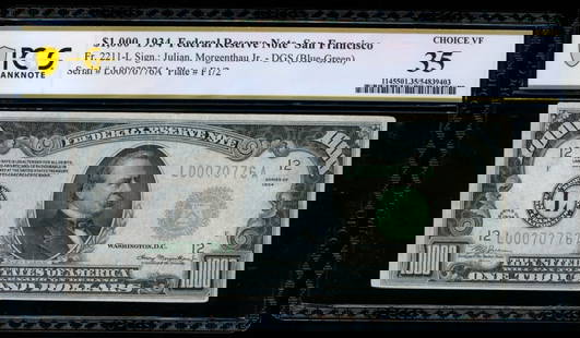 1934 $1000 San Francisco FRN PCGS 35: One 1934 $1000 San Francisco FRN PCGS 35.