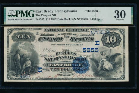 1882 $10 East Brady PA National PMG 30: One 1882 $10 East Brady PA National PMG 30.