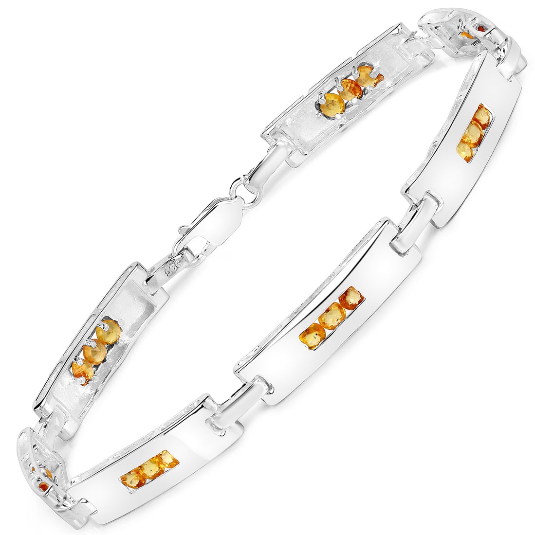 Rhodium Plated 2.52ctw Yellow Sapphire Bracelet: 2.52 Carat Genuine Yellow Sapphire.925 Sterling Silver Bracelet.Yellow Sapphire Round/3.00mm - 21/2.52 ctw Natural Heat Treated E. Total weight 13.4 grams. Bracelet length is 8 inches.