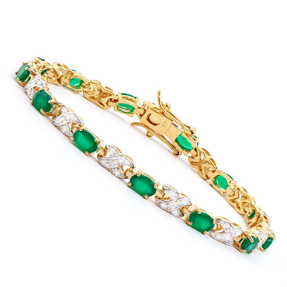 Plated 18KT Yellow Gold 4.50ctw Green Agate and Diamond Bracelet: One Plated 18KT Yellow Gold 4.50ctw Green Agate and Diamond Bracelet. (12) Green Agate stones with a total weight of 4.50cts. (13) Diamonds with a total weight of 0.10cts with a color of I-J and clari